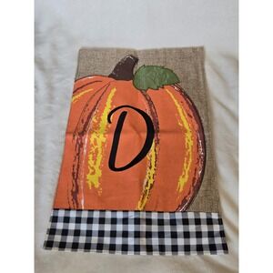 Monogram D Pumpkin Fall Garden Flag 12x18 Burlap Look Buffalo Plaid Autumn Decor